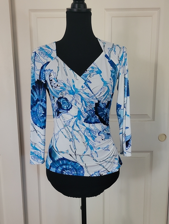 Boston Proper Tops - Boston Proper Blue & White Coral Reef Print Wrap-Style Long Sleeve Top Size S